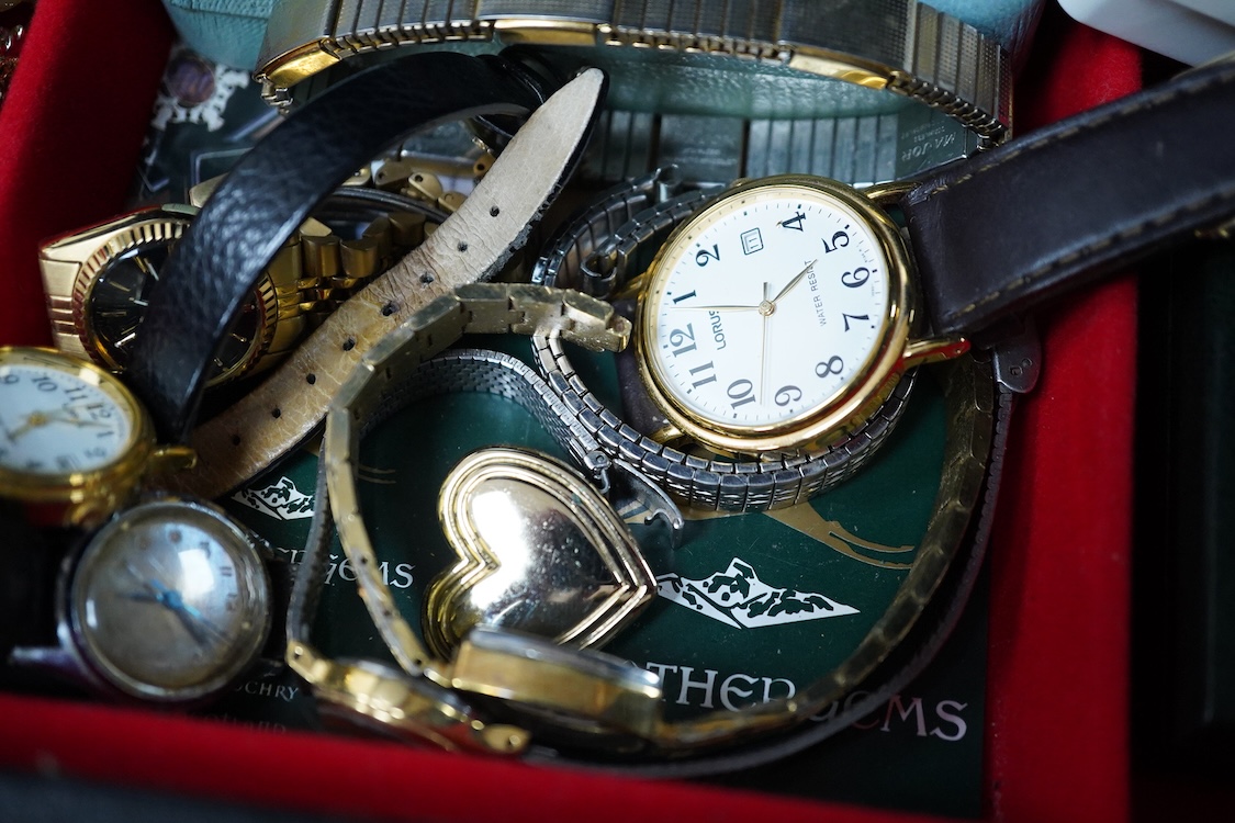 A jewellery box and contents to include a 935 white metal and paste set swallow brooch, silver locket on chain, white metal and costume jewellery, agate necklace and wrist watches including Seiko, Lanco, Lorus and Rotary